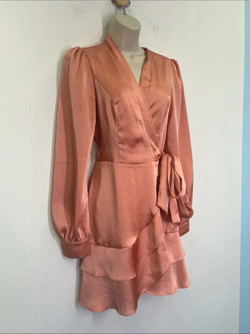Lulus - Glow Forever Peach Pink Long Sleeve Ruffled Wrap Mini Dress Size Medium - Picture 5 of 10
